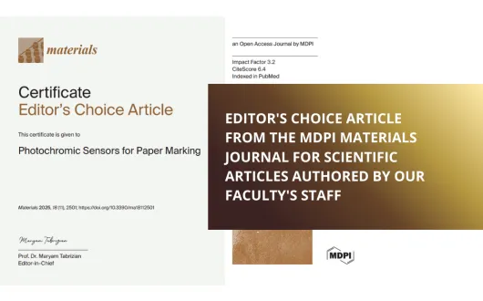 MDPI Materials journal awards the "Editor's Choice Article" certificate for a scientific article authored by our staff