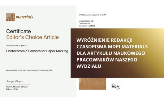 Certyfikat "Editor's Choice Article" czasopisma MDPI Materials dla artykułu naukowego autorstwa naszych pracowników